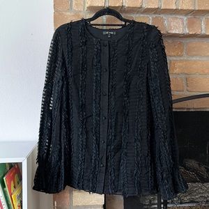 St. John Black Label Semi Sheer Frayed Fringe Button Front Silk Blend